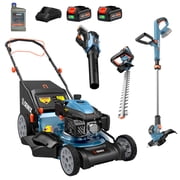 SENIX 4-in-1 Outdoor Power Equipment Combo|201cc Self-Propelled Gas Lawn Mower,20V 10"String Trimmer,Leaf Blower,21"Hedge Trimmer,Included Batteries&Chargers
