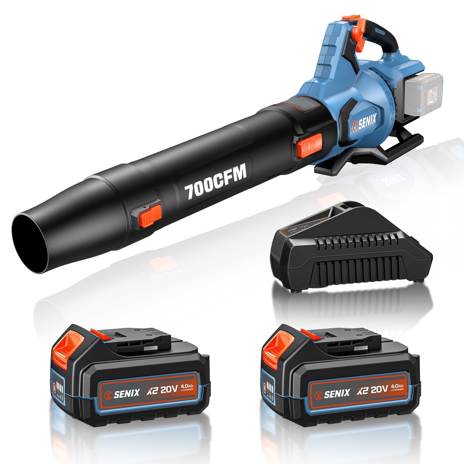 SENIX 40 Volt Max* Cordless Brushless Leaf Blower 700 CFM/145 MPH with 2 x 4.0AH Batteries & Dual-Port Charger Included, Cruise Control, Variable Speeds, BLAX2-M2