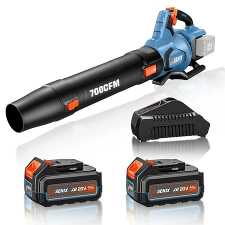 SENIX 40 Volt Max* Cordless Brushless Leaf Blower 700 CFM/145 MPH with 2 x 4.0AH Batteries & Dual-Port Charger Included, Cruise Control, Variable Speeds, BLAX2-M2