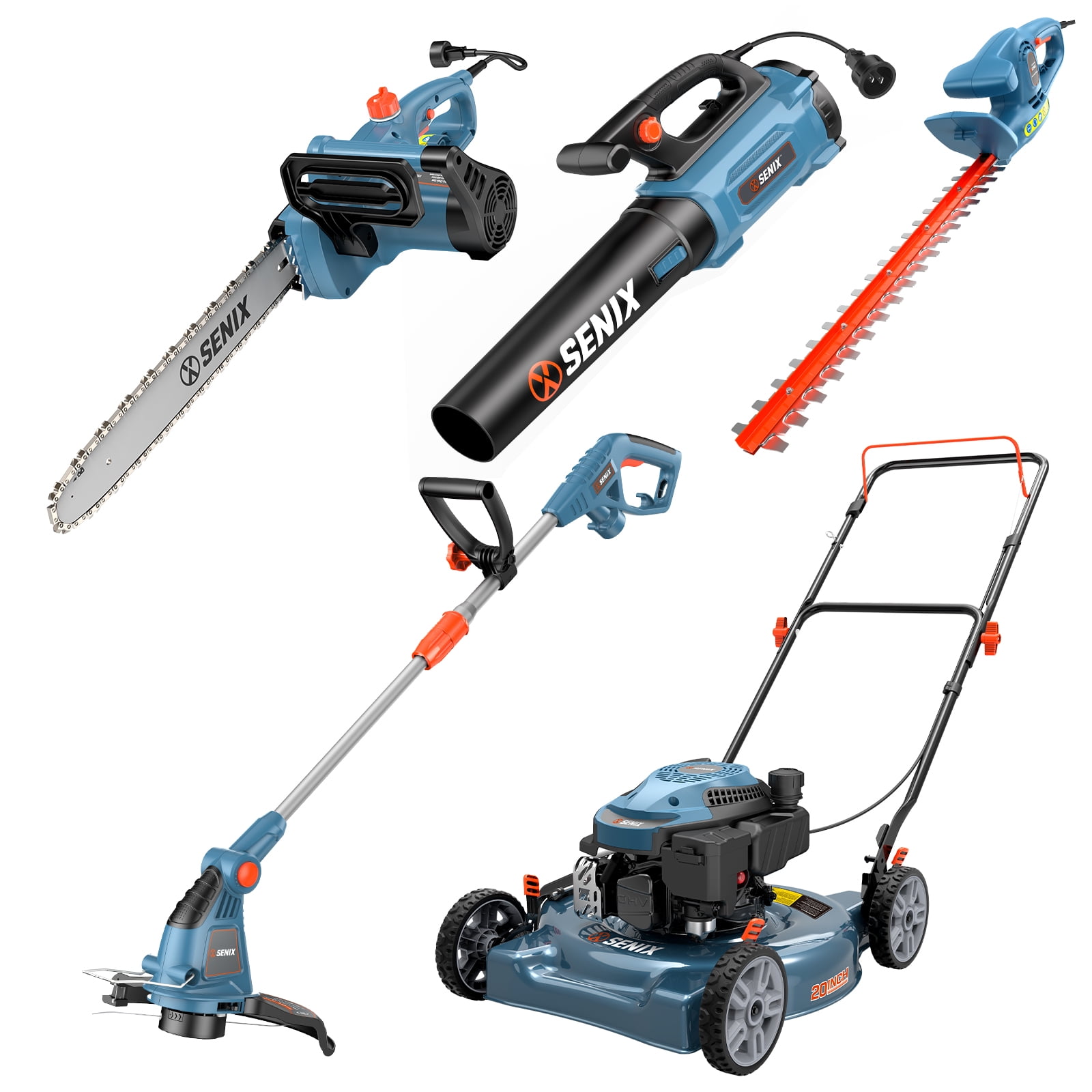 SENIX 5-Tool Combo Kit w/ LSPG-L5, GTE04-M, BLAE12-M, HPWE11-L, HTE3.8-L: 144cc 20" Gas Mower, 4-Amp 13" Weed Edger, 12-Amp 700 CFM Leaf Blower, 10-Amp 14" Chainsaw & 3.8-Amp 21" Hedge Trimmer