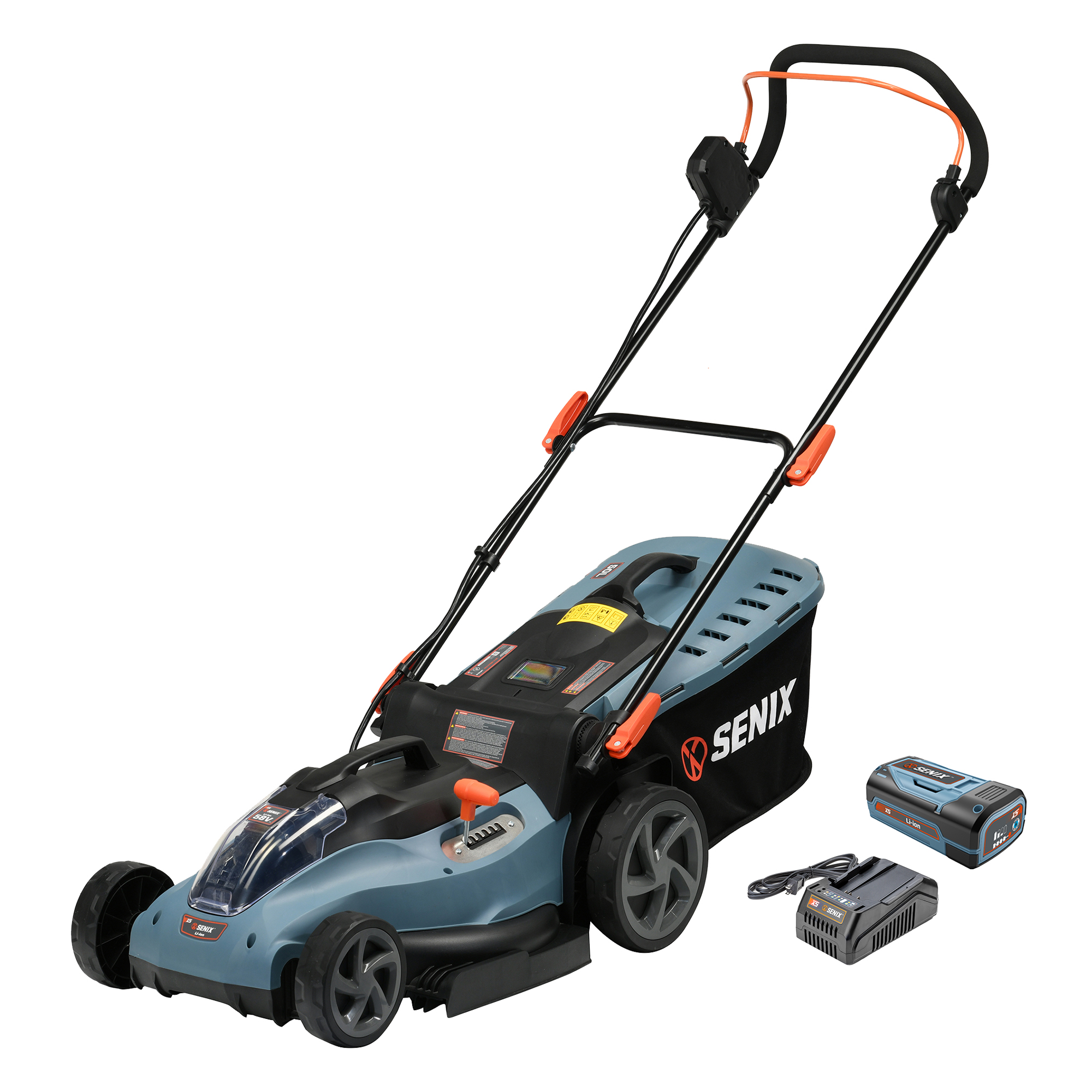 SENIX 58 Volt Max* Cordless Lawn Mower, 17-Inch, Brushless Motor, 6-Position Height Adjustment, 13-Gallon Bagger (Battery and Charger Included) LPPX5-M - image 1 of 12
