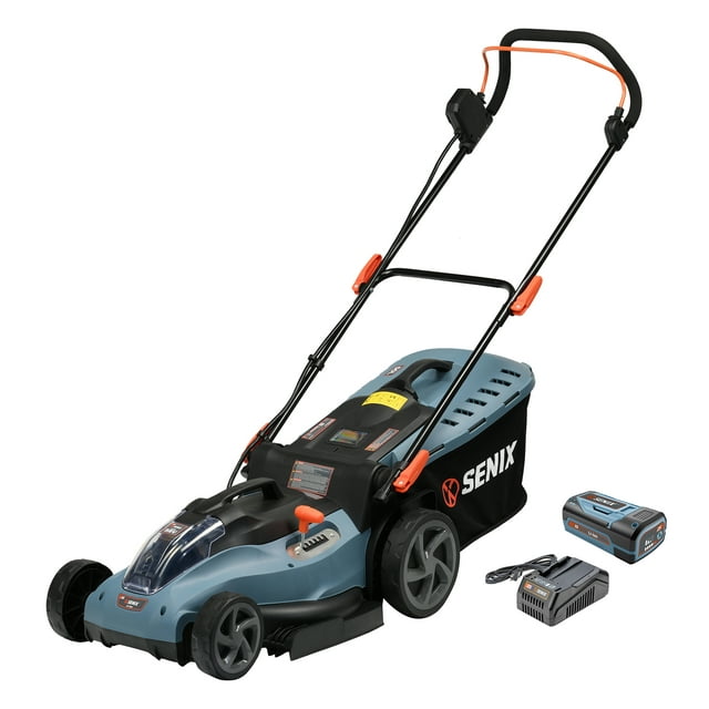 SENIX 58 Volt Max* Cordless Lawn Mower, 17-Inch, Brushless Motor, 6-Position Height Adjustment, 13-Gallon Bagger (Battery and Charger Included) LPPX5-M