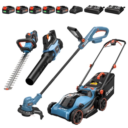 SENIX Cordless 4-Tool Combo Kit, 15" Cordless Lawn Mower, 10" String Trimmer, 350 CFM Leaf Blower & 24" Hedge Trimmer, Batteries & Chargers Included