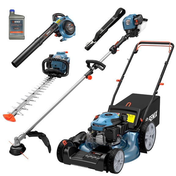 SENIX Gas 4-Tool Combo Kit, 170cc 21" Self Propelled Lawn Mower, 410 CFM 26.5cc Leaf Blower, 17" 26.5cc String Trimmer & 22" 26.5cc Hedge Trimmer, LM10-B4QL-GTS4QL-HT4QL