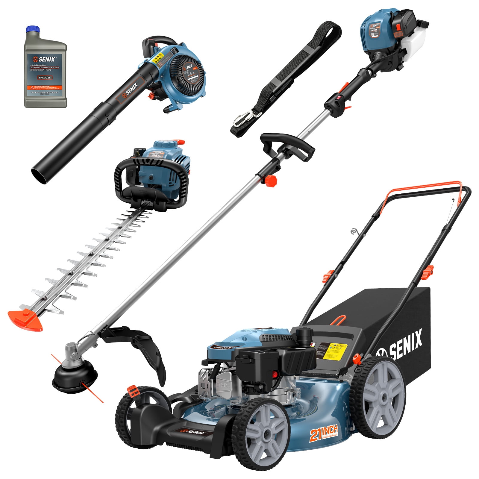 SENIX Gas 4-Tool Combo Kit, 21" 144cc Push Lawn Mower, 410 CFM 26.5cc Leaf Blower, 17" 26.5cc String Trimmer & 22" 26.5cc Hedge Trimmer, LM14-B4QL-GTS4QL-HT4QL