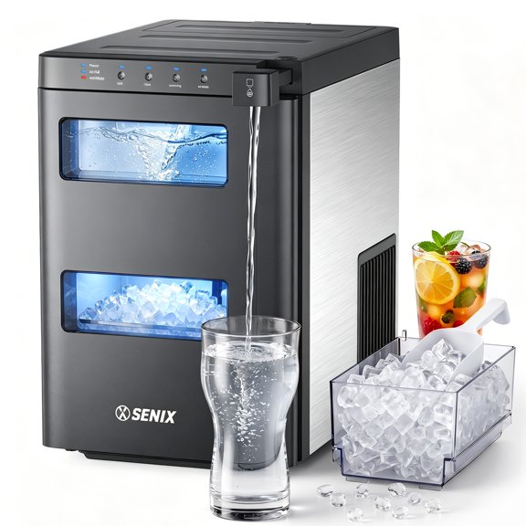 SENIX Ice Maker Countertop, 33lbs/24H Pebble Nugget Ice Machine, Dual Water System,One-Touch Self-Cleaning, Touch Screen, for Home ,Kitchen, Office ,Gray