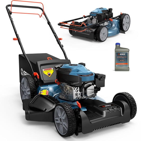SENIX 170cc Self-Propelled Gas Lawn Mower 21in Cutting Blade / 22in Cutting Deck, 3-In-1, 4-Cycle RATO RV170-S Engine w/16-gallon Bag, 6-Height Adjustment, 11-In Rear Wheels, LSSG-M10