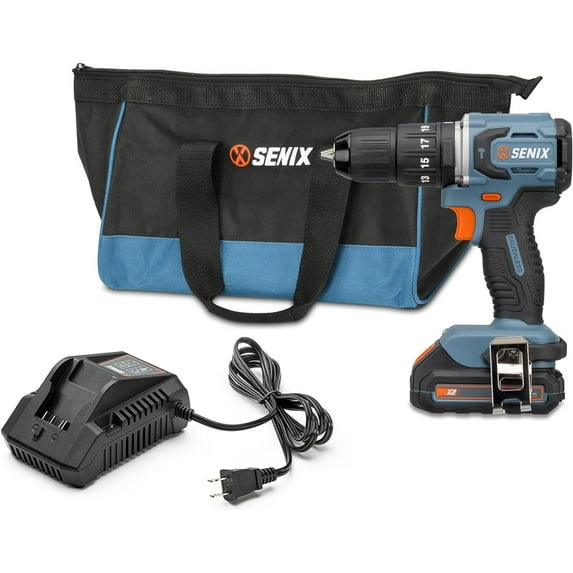 SENIX X2 20 Volt Max Cordless 1/2-Inch Hammer Drill Driver with Brushless Motor, Power Tool Kit Includes Storage Bag, 2.0 Ah Battery, and Charger PDHX2-M2