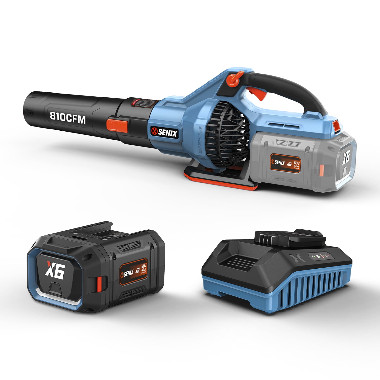 SENIX X6 60V Brushless 810CFM Cordless Leaf Blower, with 4.0 Ah Battery and 3 Amp Charger Included, Variable Speed Up to 170MPH, BLAX6-M1