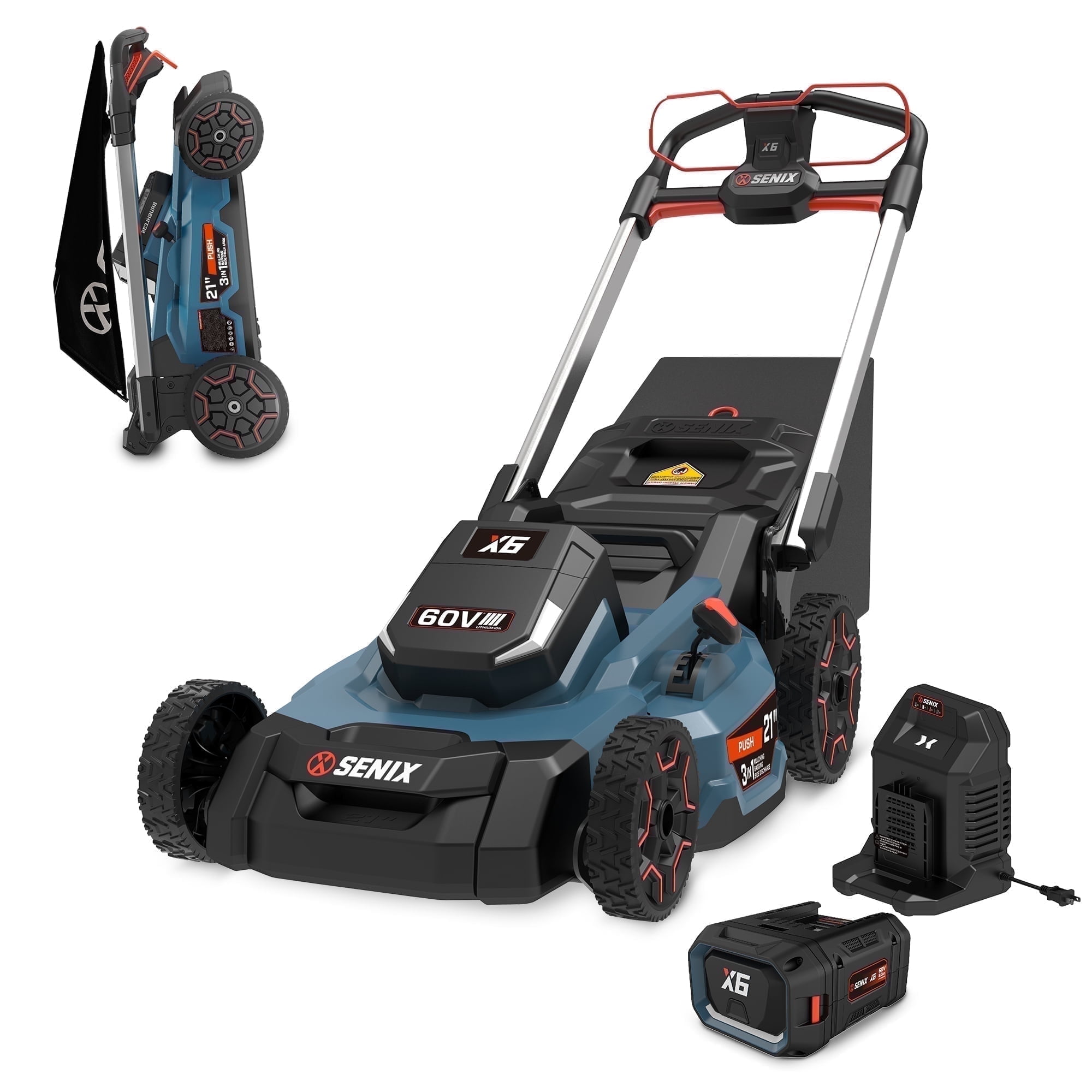 SENIX 60V Brushless 22in Deck Battery Lawn Mower, 21in Blade, 3-in-1, 7-Position Adjustment, Smart Display Push Mower with 6Ah Battery & 8A Charger, LPPX6-H