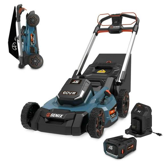 SENIX X6 60V Max* Brushless Push Lawn Mower 21in Blade 22in Deck with 6Ah Battery & Rapid 8A Charger, 3-in-1, Smart LED Display, 7-Position Height Adjustment, 3-Mode Available LPPX6-H