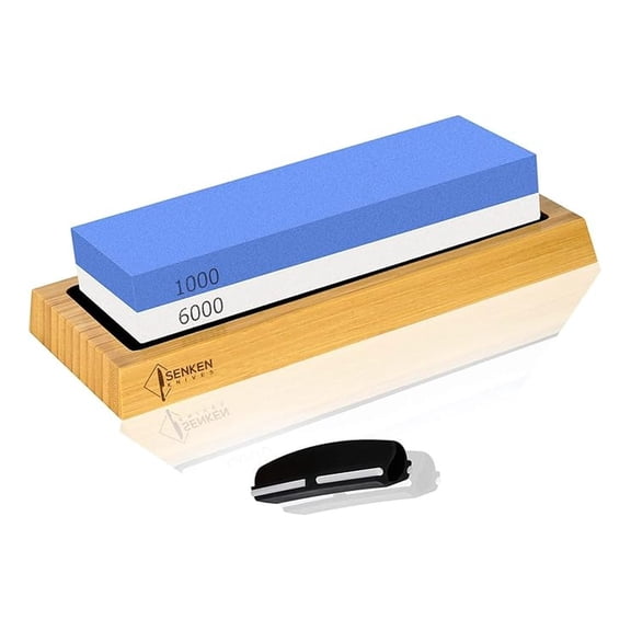 SENKEN 1000/6000 Grit Japanese Whetstone Kit Knife Sharpening Stone with Angle and Wooden Holder - Dual Function Sharpen & Hone Kitchen Knives and Tools, Includes Non-Slip Bamboo Base