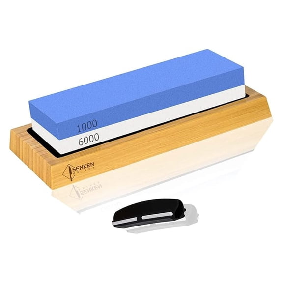 SENKEN 1000/6000 Grit Japanese Whetstone Kit Knife Sharpening Stone with Angle and Wooden Holder - Dual Function Sharpen & Hone Kitchen Knives and Tools, Includes Non-Slip Bamboo Base