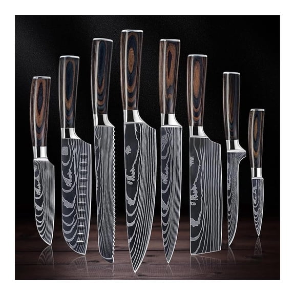 SENKEN 8-piece Premium Japanese Kitchen Knife Set with Laser Damascus Pattern - Collection - Ultra Sharp for Very Fast Cutting