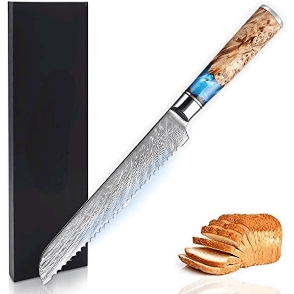SENKEN Damascus Steel Bread Knife - Tsunami Collection - 67-Layer Japanese VG10 Steel Core - Unique Blue Resin & Natural Wood Handle, Razor Sharp, Beautiful Damascus Wave Pattern (7.5" Bread Knife)