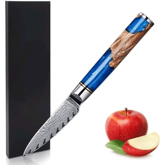 SENKEN Damascus Steel Paring Knife - Tsunami Collection - 67-Layer Japanese VG10 Steel Core - Unique Blue Resin & Natural Wood Handle, Razor Sharp, Beautiful Damascus Wave Pattern (3.5" Paring Knife)