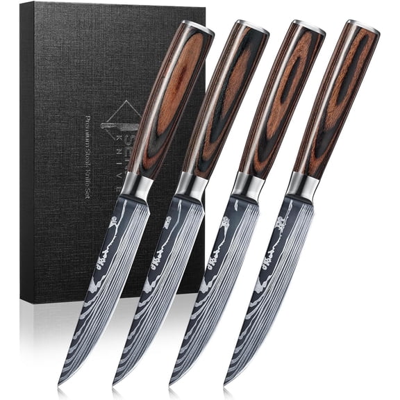 SENKEN Non-Serrated Steak Knife Set with Damascus Pattern - Razor Sharp Straight Edge Blade, Stainless Steel & Wood Handle (Steak Knives Set of 4)