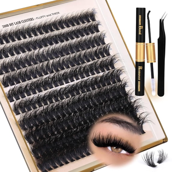 SENLINK 2027 NEW Lash Extension Kit Thick Eyelash Extension Kit 10-18mm Fluff Volume Lash Clusters 200D Individual Eyelashes Kit with Lashes Bond, Lashes Remover, Lash Tweezers, DIY Lash Extension