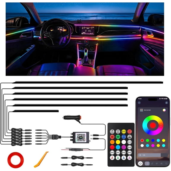 SENLINK Car LED Strip Lights Interior Acrylic Ambient Lighting Kit with Dynamic Rainbow Chasing Multicolor Music Sync 6 in 1 Set for Truck SUV RV Van Under Dash