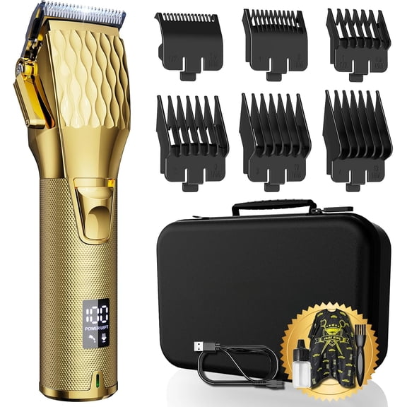 SENLINK Gold Cordless Hair Clippers Set for Men, Rechargeable Barber Hair Cutting & Beard Trimmer Kit with LED Power Display, Portable Travel Storage Case Included for Home Salon Grooming