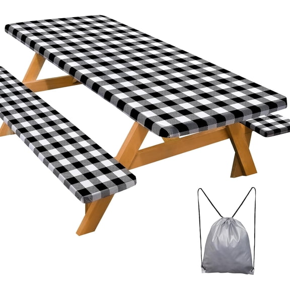 SENLINK Picnic Table Cover with Bench Covers, Camping Essentials, Waterproof Windproof Tablecloth with Drawstring Bag, Fitted Rectangle Tables and Seats, 72in，Black