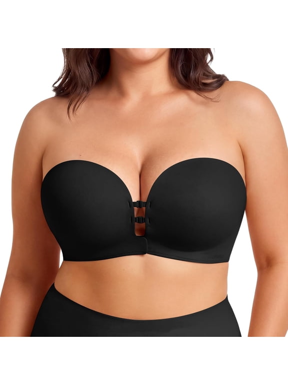 Women's Strapless Front Closure Push Up Bra, Non-Slip Removable Straps, Wireless Seamless Bra, A-C Cup