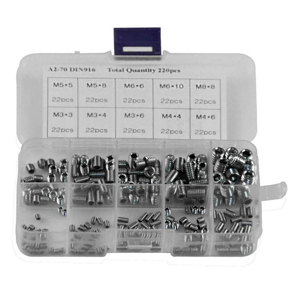 SENRISE 220Pcs Hex Set Screw Assortment Kit Stainless Steel Hardware Tool Size M3-M8 Silver