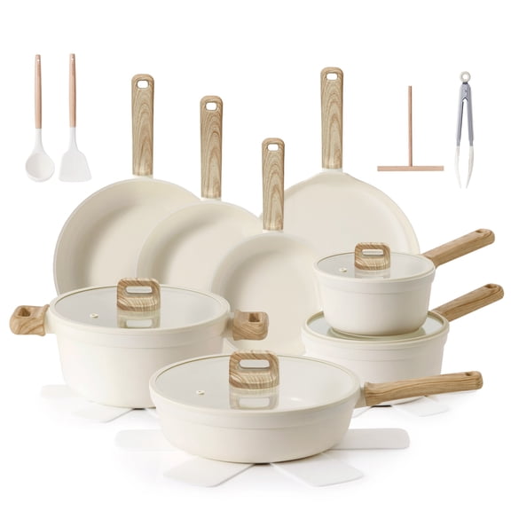 SENSARTE Nonstick Ceramic Cookware Set, 24Pcs Pots and Pans Set, Induction Kitchen Cooking Sets with Stay-Cool Handles, Dishwasher Safe, Stackable, White