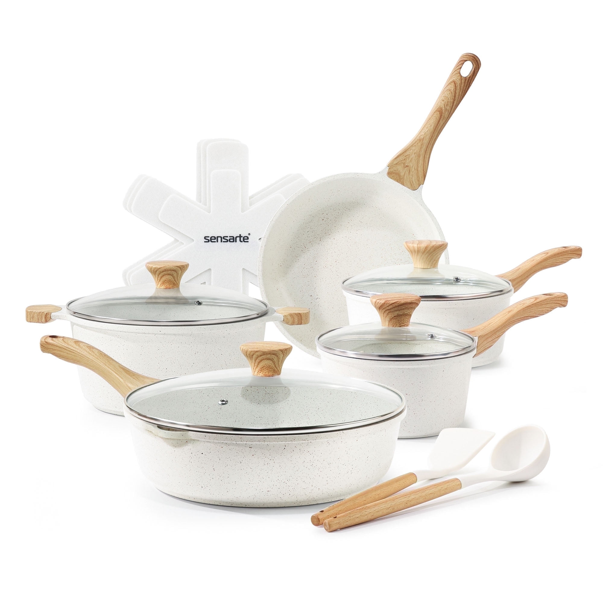 Walmart Saving of  SENSARTE Ceramic Nonstick Pots and Pans Set, 17Pcs Healthy Non Stick Cookware Set with Pots Protectors, Induction Kitchen Cookware Sets White