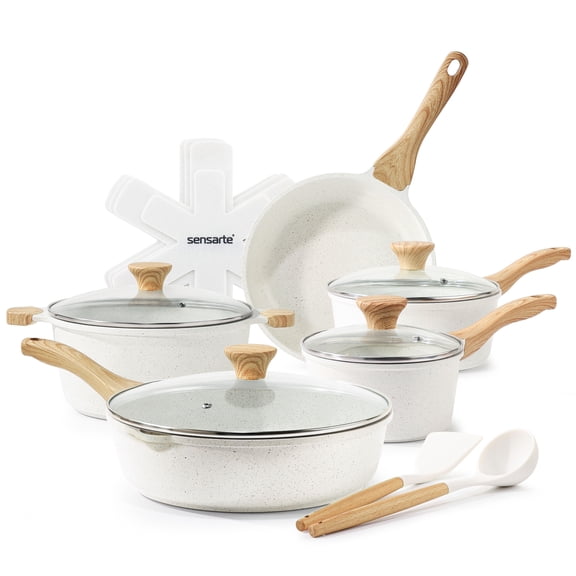 SENSARTE 17-Piece Ceramic Pots and Pans Set, White Induction Nonstick Cookware Set, Healthy Kitchen Cooking Sets with Stay-Cool Handles, Stackable