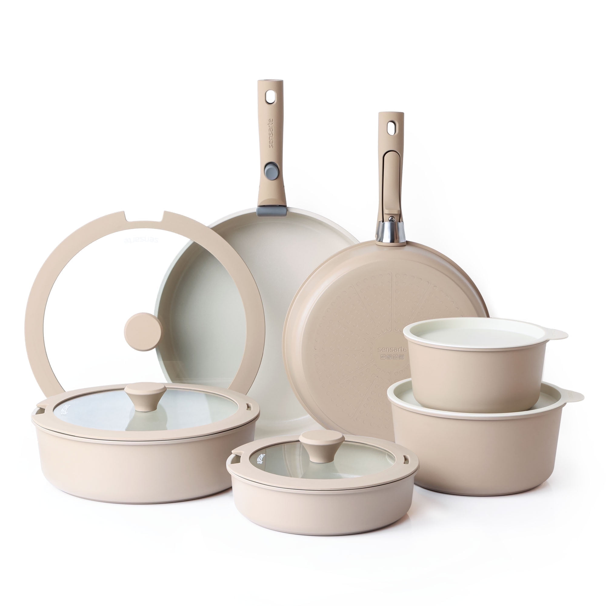 SENSARTE Ceramic Nonstick Pots Pans Set Detachable Handle 18pcs Healthy Non Stick Cookware Set Removable Handle RV Cookware Dishwasher Safe PFAS Free