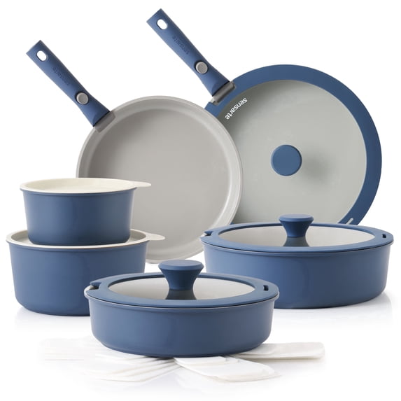 SENSARTE Nonstick Ceramic Pots and Pans Set with Detachable Handle, 18Pcs Induction Kitchen Cookware Sets Stackable, Dishwasher/Oven Safe, Healthy Cooking Set for RV & Camping, Navy Blue