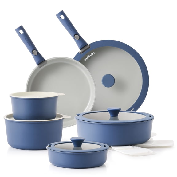 SENSARTE Ceramic Nonstick Pots and Pans Set with Detachable Handle, 18Pcs Induction Kitchen Cookware Sets Stackable, Dishwasher/Oven Safe(Navy Blue)