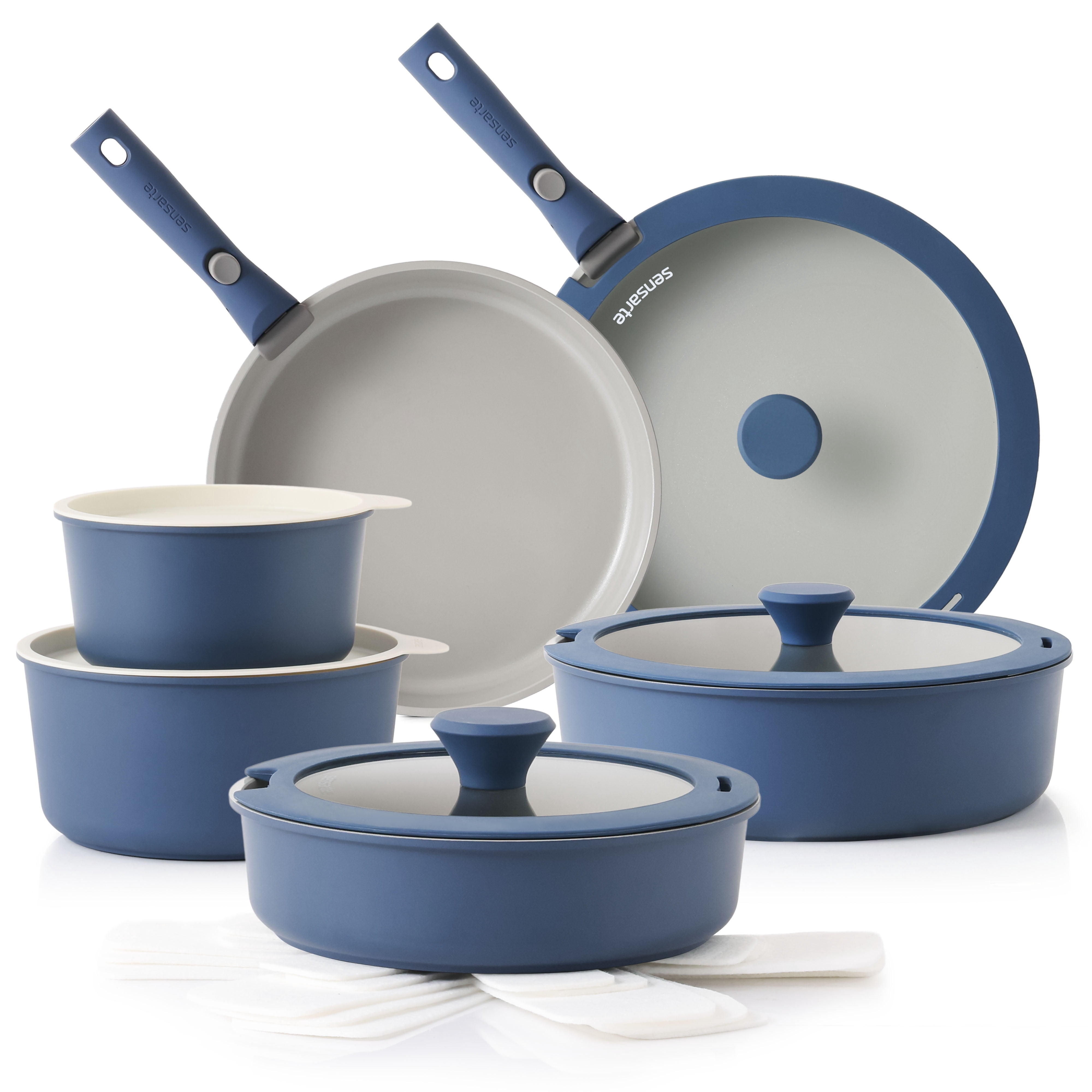 SENSARTE Ceramic Nonstick Pots and Pans Set with Detachable Handle, 18Pcs Induction Kitchen Cookware Sets Stackable, Dishwasher/Oven Safe, Navy Blue