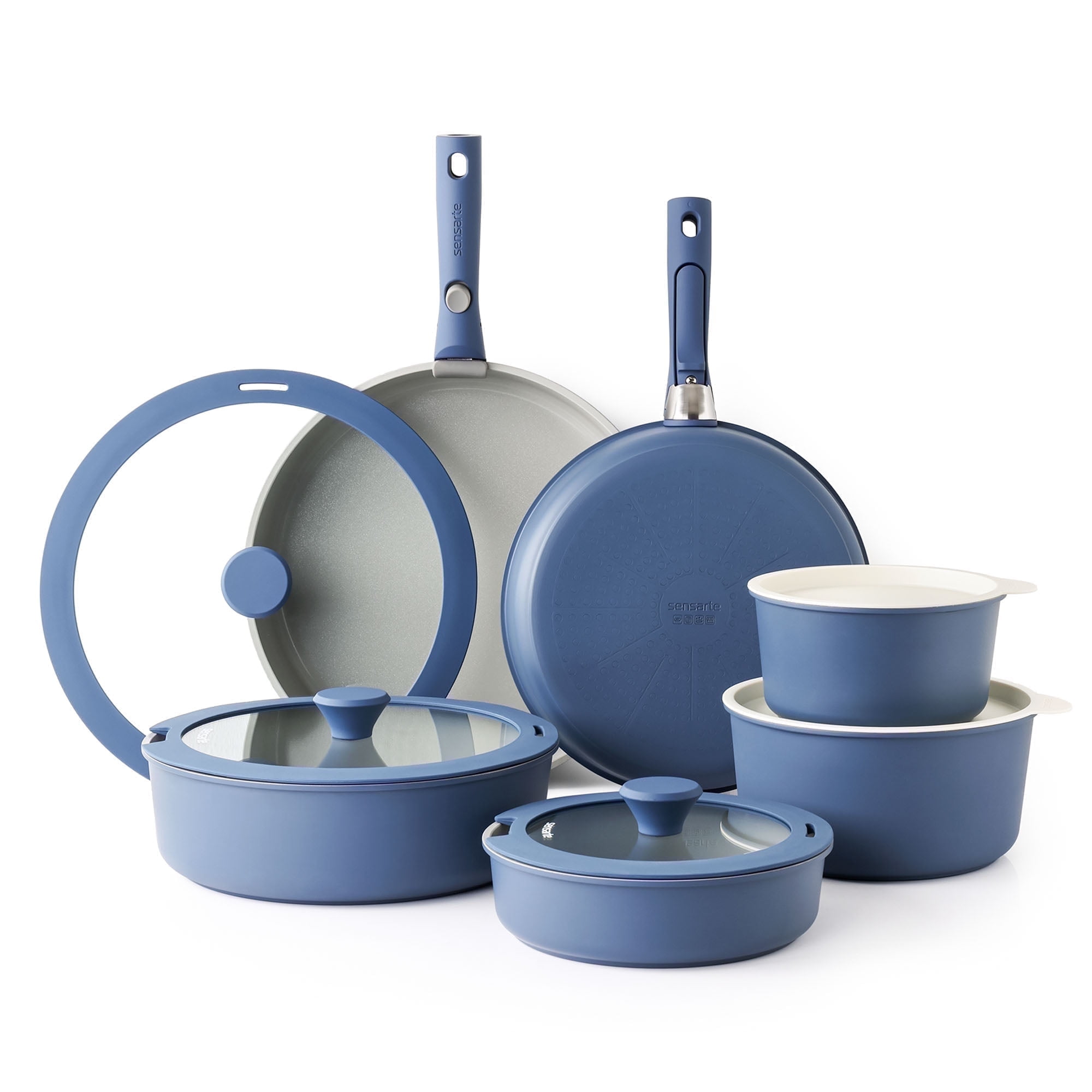 SENSARTE Ceramic Nonstick Pots and Pans Set with Detachable Handle, 18Pcs Induction Kitchen Cookware Sets Stackable, Dishwasher/Oven Safe(Navy Blue)