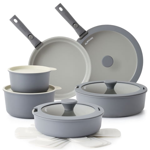SENSARTE 18-Piece Ceramic Cookware Set with Detachable Handle, Gray Nonstick Pots and Pans Set, Induction Compatible, Dishwasher/Oven Safe, Healthy Cooking Set for RV & Camping
