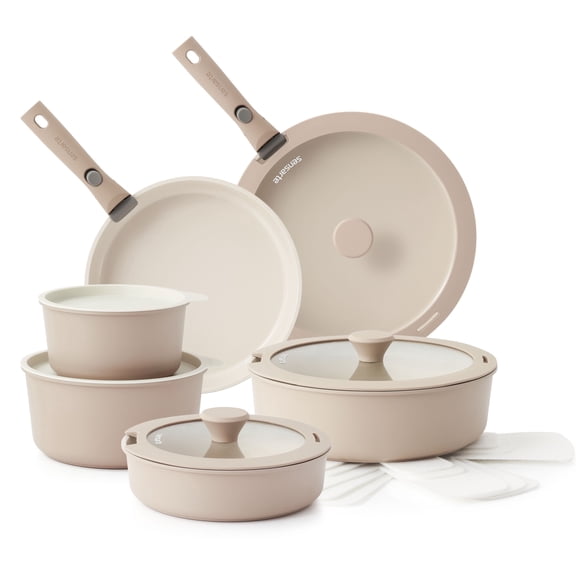 SENSARTE Ceramic Nonstick Pots and Pans Set with Removable Handle, 18Pcs Induction Kitchen Cookware Sets Stackable, Dishwasher/Oven Safe, Almond Beige