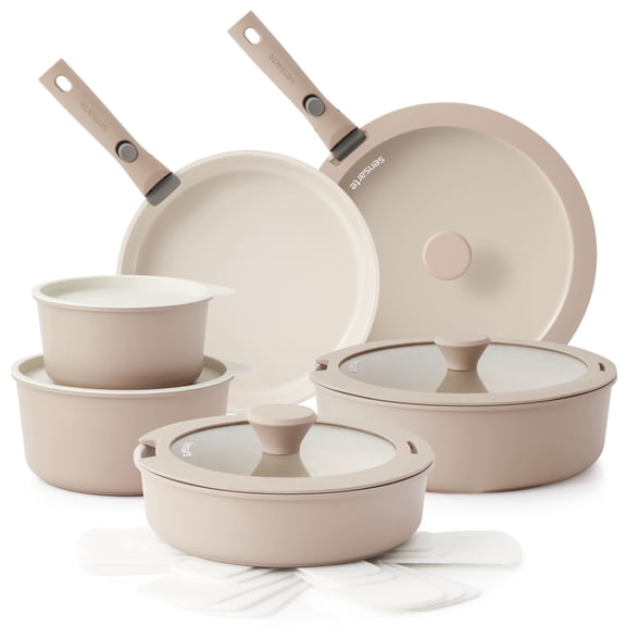 SENSARTE 18-Piece Ceramic Cookware Set with Detachable Handle, Almond Beige Nonstick Pots and Pans Set,Induction Compatible, Dishwasher/Oven Safe, Healthy Cooking Set for RV & Camping