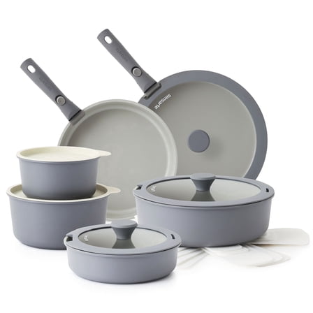 SENSARTE Ceramic Nonstick Pots and Pans Set with Detachable Handle, 18Pcs Induction Kitchen Cookware Sets Stackable, Dishwasher/Oven Safe Gray