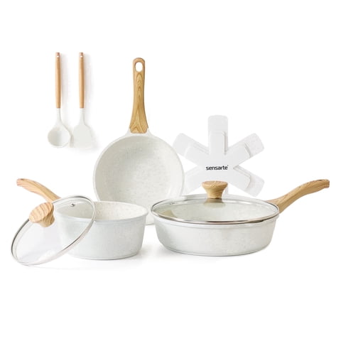 SENSARTE Ceramic Nonstick Pots and Pans Set, 10Pcs Healthy Non Stick Cookware Set with Pots Protectors, Induction Kitchen Cookware Sets, Dishwasher Safe White