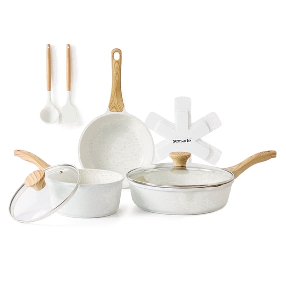 SENSARTE Ceramic Nonstick Pots and Pans Set, 10Pcs Healthy Non Stick Cookware Set with Pots Protectors, Induction Kitchen Cookware Sets, Dishwasher Safe White