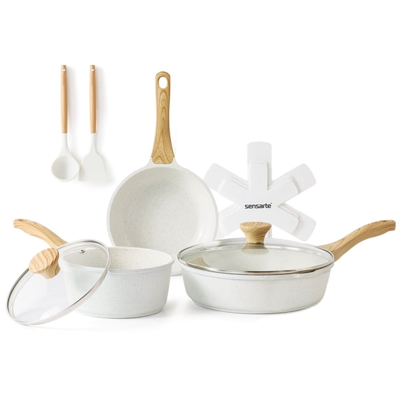 SENSARTE Ceramic Nonstick Pots and Pans Set, 10Pcs Healthy Non Stick Cookware Set with Pots Protectors, Induction Kitchen Cookware Sets, Dishwasher Safe White