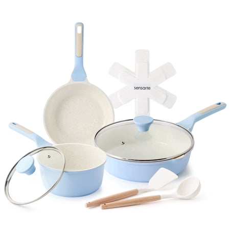 SENSARTE Non stick Pots and Pans Set 10 Pcs, Nonstick Ceramic Cookware Set with Stay-Cool Handles, Induction Compatible, Dishwasher Safe, Stackable, Blue
