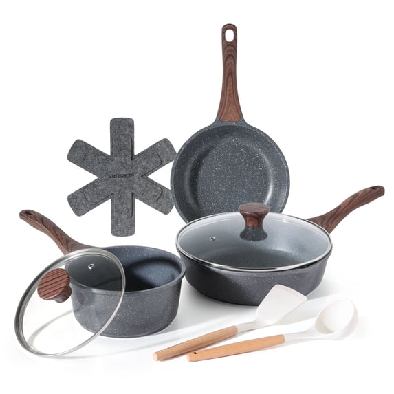SENSARTE 10-Piece Granite Pots and Pans Set, Gray Induction Nonstick Cookware Set, Healthy Kitchen Cooking Sets with Stay-Cool Handles, Dishwasher & Oven Safe, Stackable