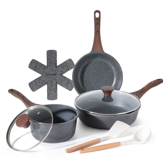 SENSARTE 10-Piece Granite Pots and Pans Set, Gray Induction Nonstick Cookware Set, Healthy Kitchen Cooking Sets with Stay-Cool Handles, Dishwasher & Oven Safe, Stackable