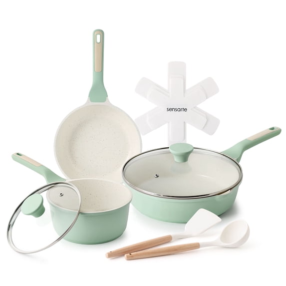 SENSARTE 10-Piece Ceramic Pots and Pans Set, Green Induction Nonstick Cookware Set, Healthy Kitchen Cooking Sets with Stay-Cool Handles, Dishwasher Safe, Stackable