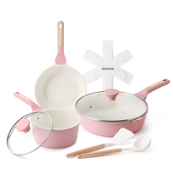 SENSARTE 10-Piece Ceramic Pots and Pans Set, Pink Induction Nonstick Cookware Set, Healthy Kitchen Cooking Sets with Stay-Cool Handles, Dishwasher Safe, Stackable