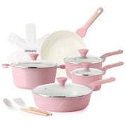 SENSARTE Nonstick Ceramic Cookware Set 17 Pcs, Non stick Pots and Pans Set, Healthy Kitchen Cooking Set with Stay-Cool Handles, Induction Compatible, Dishwasher Safe, Pink