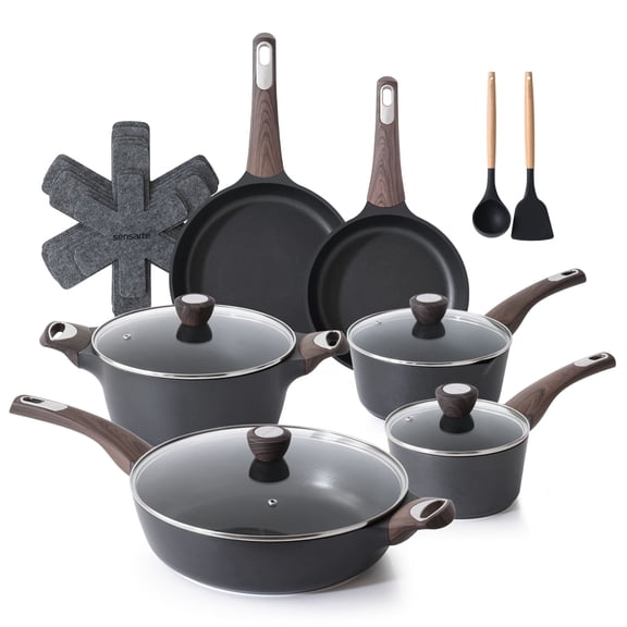 SENSARTE 19-Piece Nonstick Pots and Pans Set, Black Healthy Cookware Set, Kitchen Cooking Sets with Stay-Cool Handles, Induction Compatible, Stackable