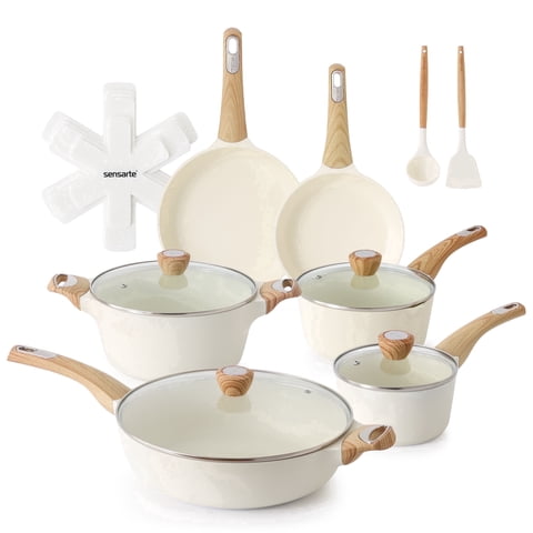 SENSARTE Nonstick Ceramic Cookware Set, 19Pcs Non Stick Pots and Pans Set, Healthy Kitchen Cooking Set with Pots Protectors, Induction Compatible White